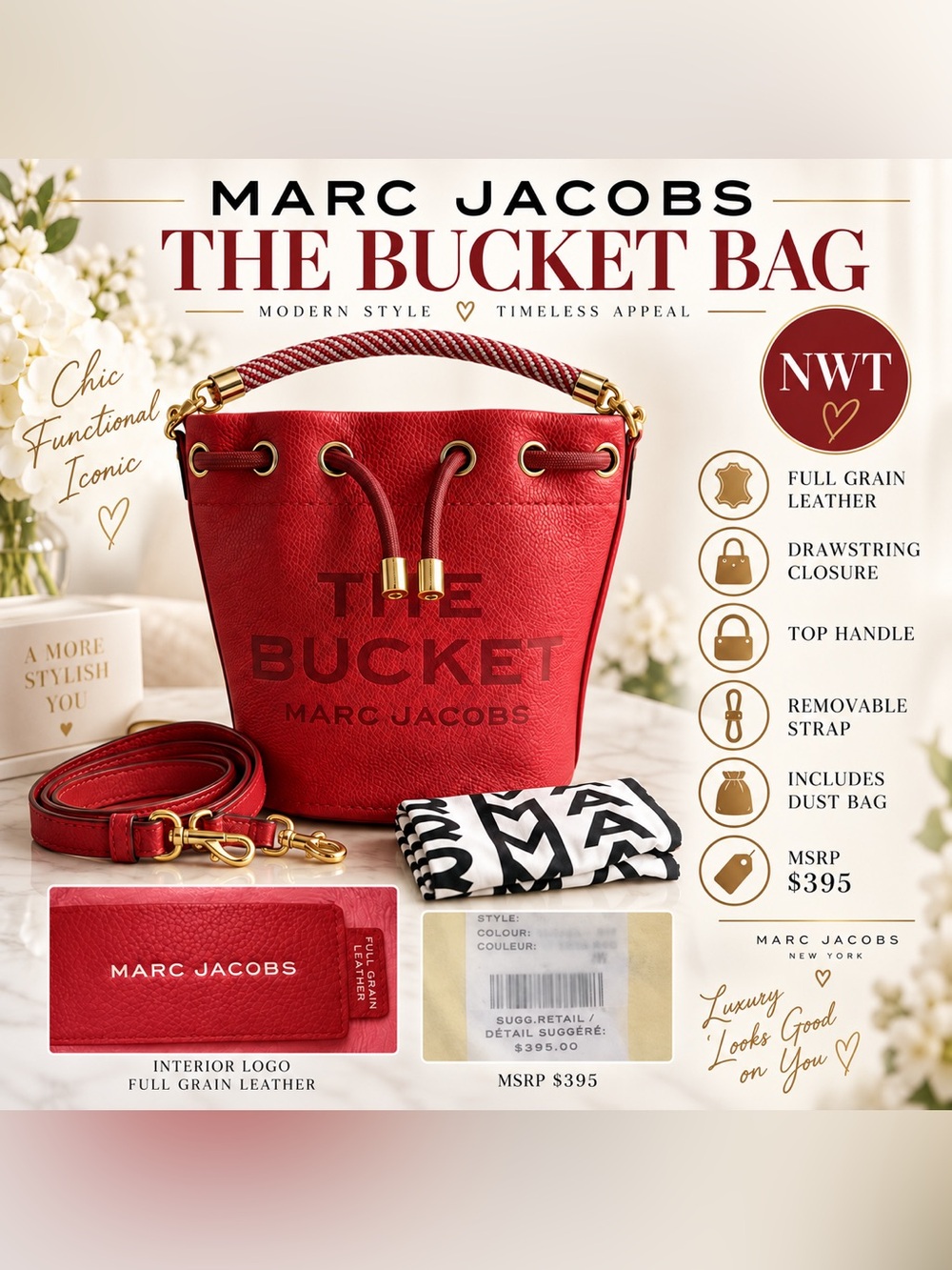 ❤️ NWT Marc Jacobs The Bucket Bag True Red Full Grain Leather • $395 MSRP - Picture 15 of 15